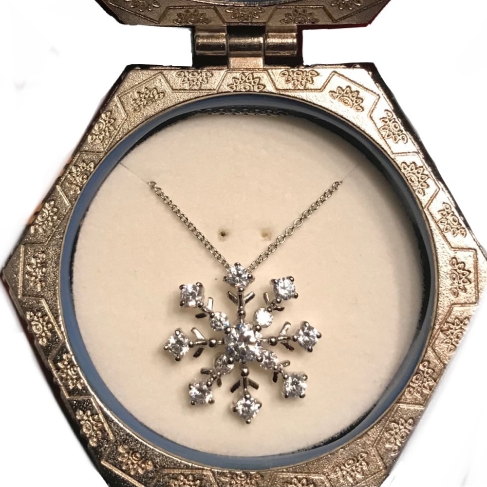 Sparkle Snowflake Rhinestone Sterling Silver necklace & custom gift box.
